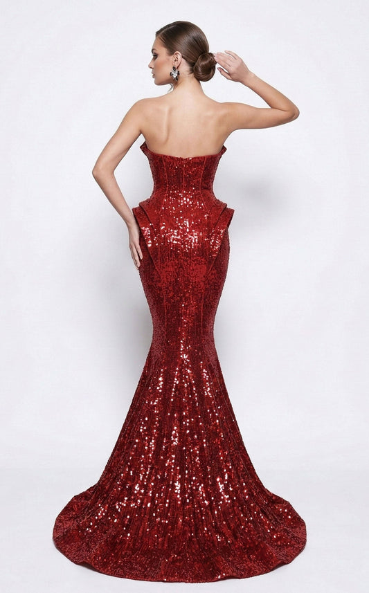 Fouad Sarkis 2263B sequin mermaid gown in Red — back with train