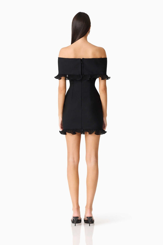 Catiana black off-the-shoulder ruffle mini dress, back view