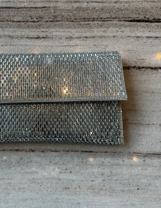 Bugle Bead Flap Clutch — Silver