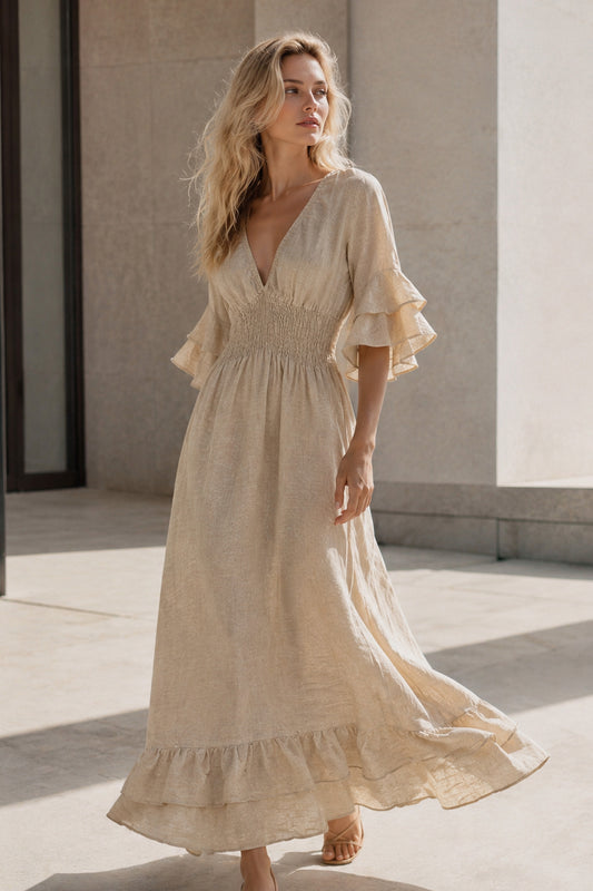 Ruffle Sleeve Smocked Linen Midi Dress