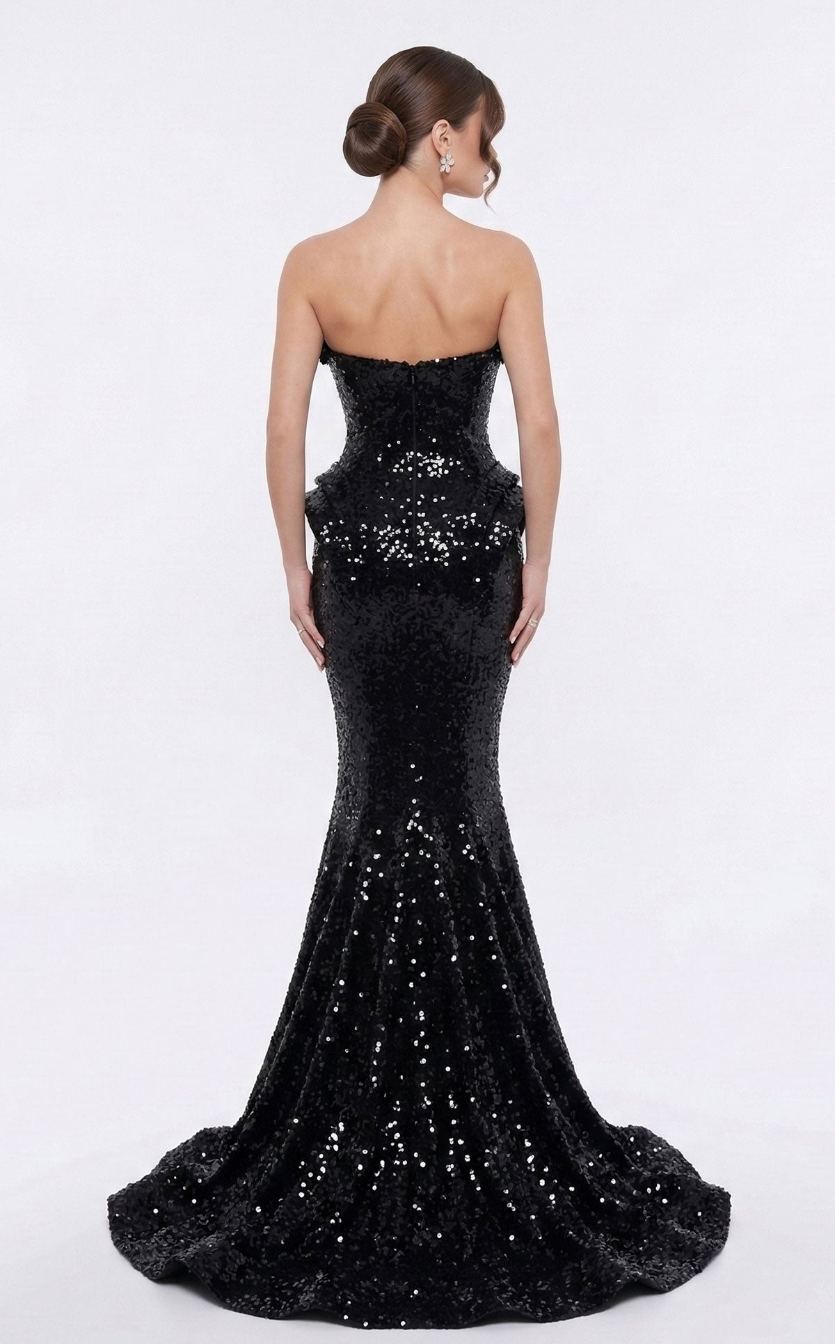 Fouad Sarkis 2263B sequin mermaid gown in Black — back with train