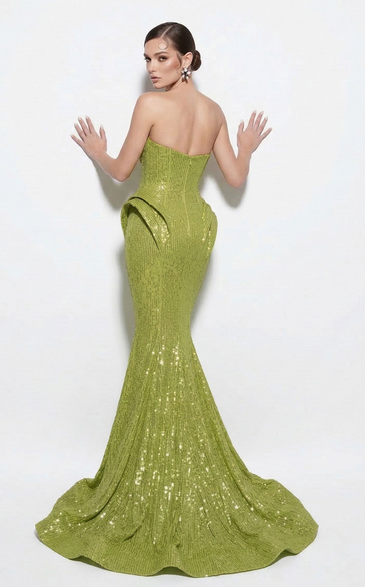 Fouad Sarkis 2263B sequin mermaid gown in Pistache — back with train