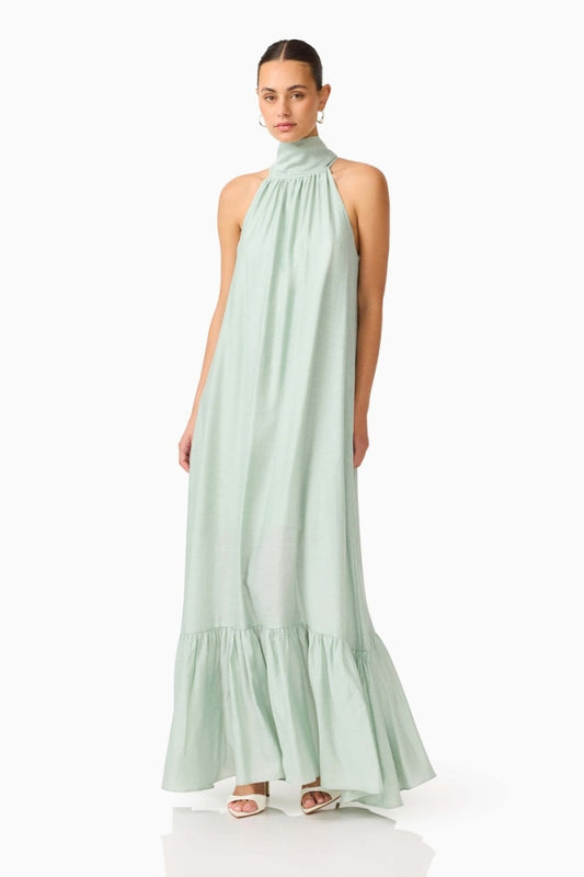 Isaline sage green halter maxi dress, front view