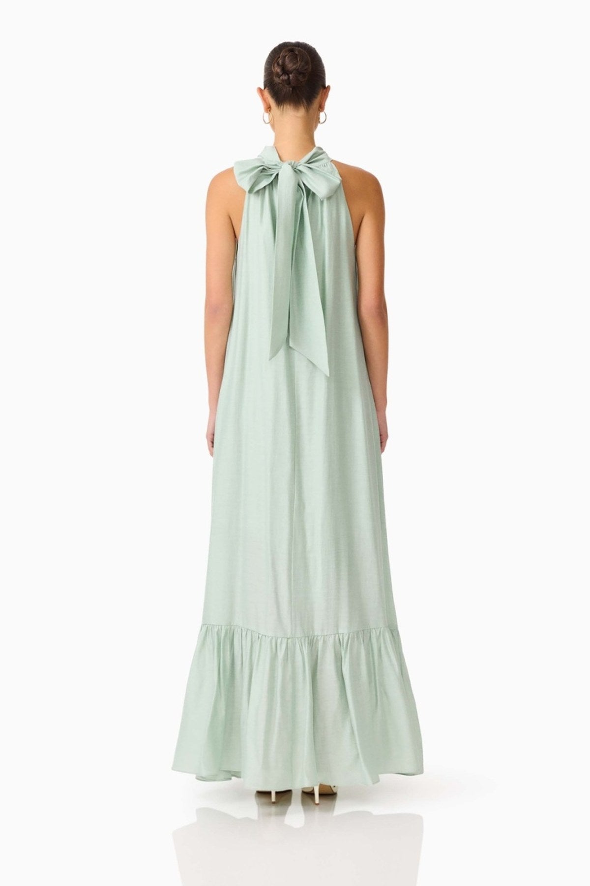 Isaline sage green halter maxi dress, bow back detail