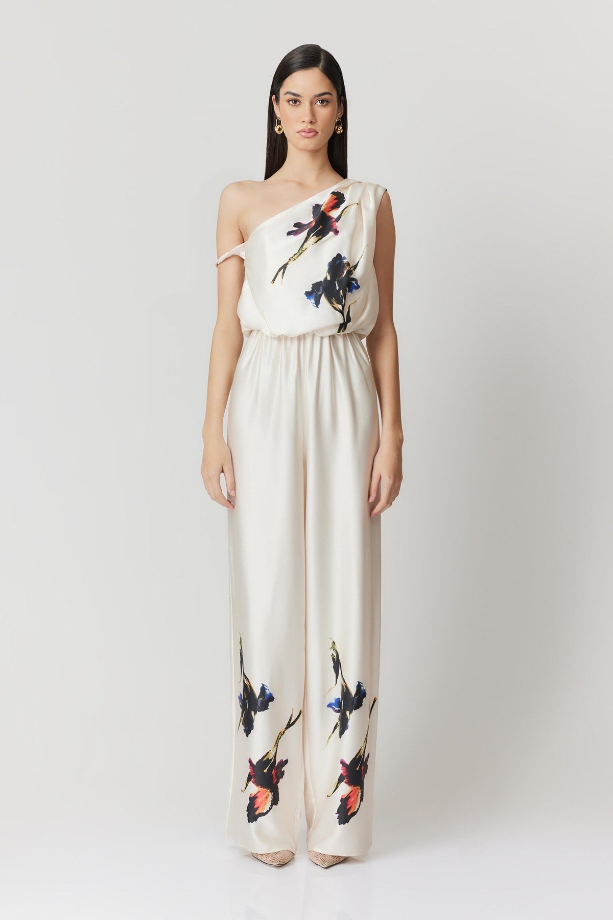 Cecilia ivory iris print one-shoulder jumpsuit, front view