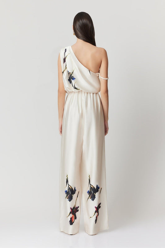 Cecilia ivory iris print one-shoulder jumpsuit, back view