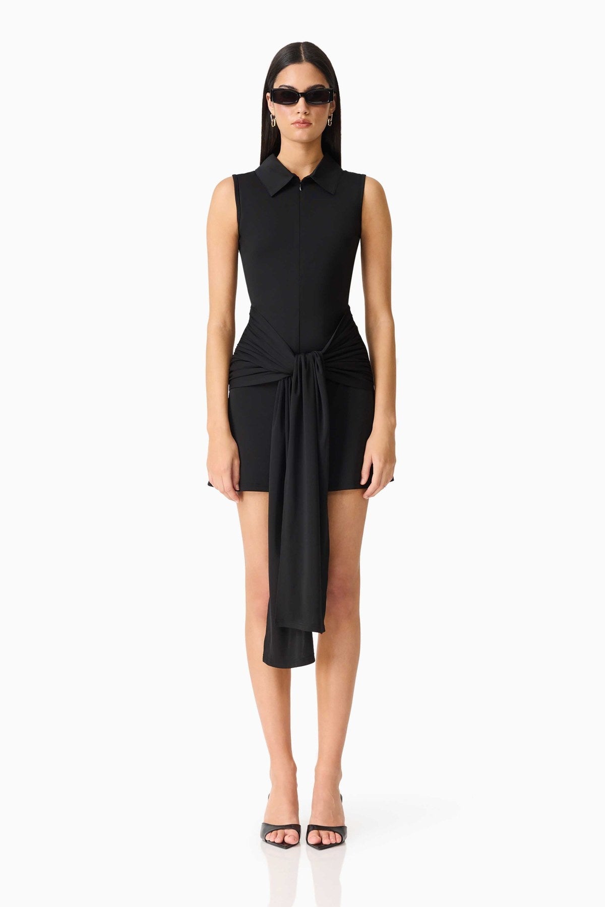 Ines black collared mini dress with draped sash, front view