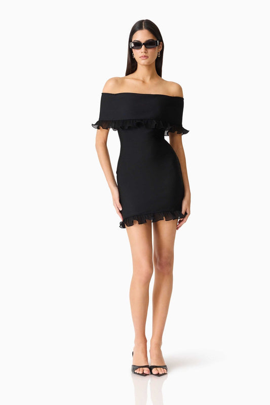 Catiana black off-the-shoulder ruffle mini dress, front view