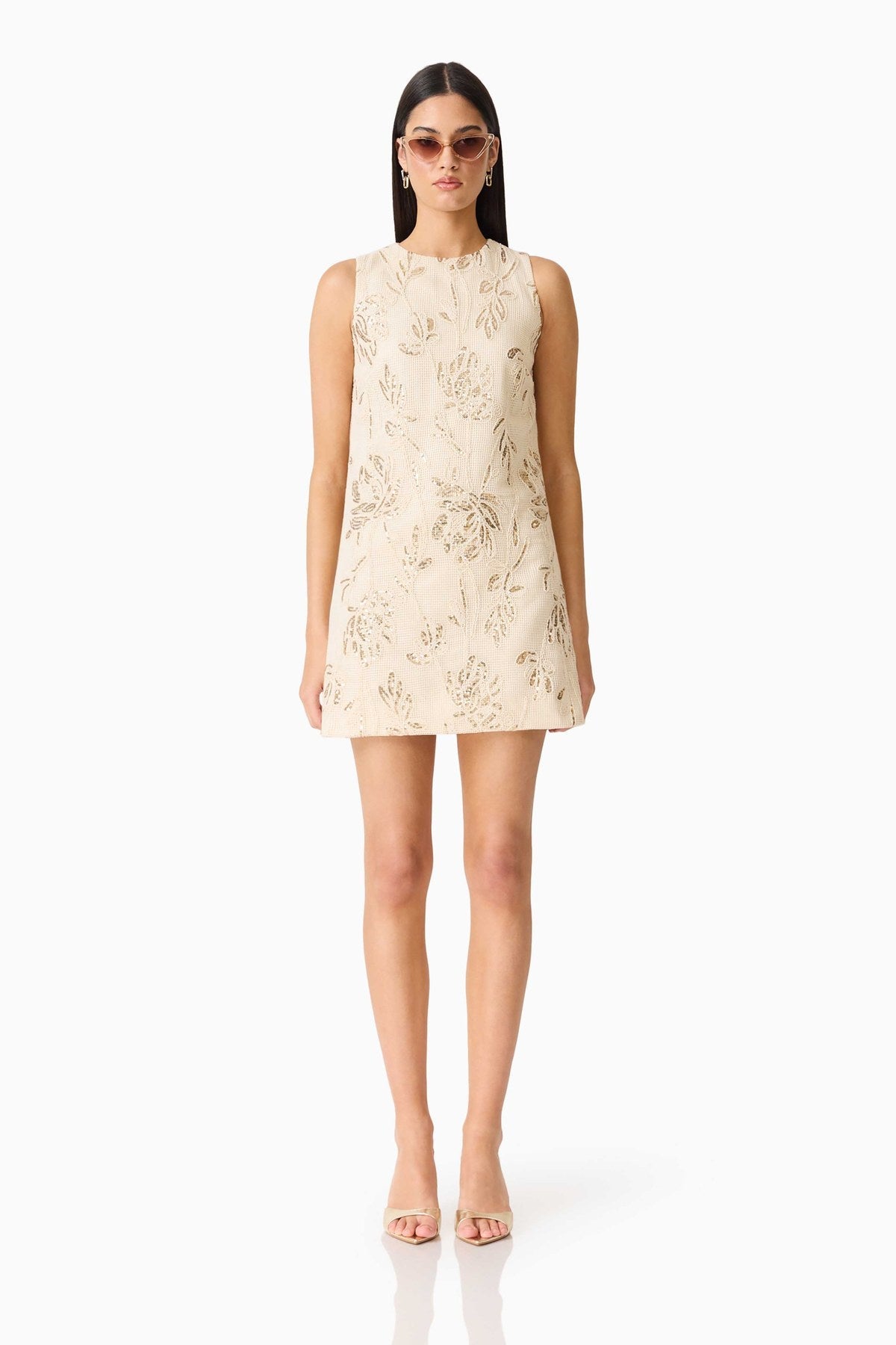 Meraki natural floral embroidered mini dress, front view