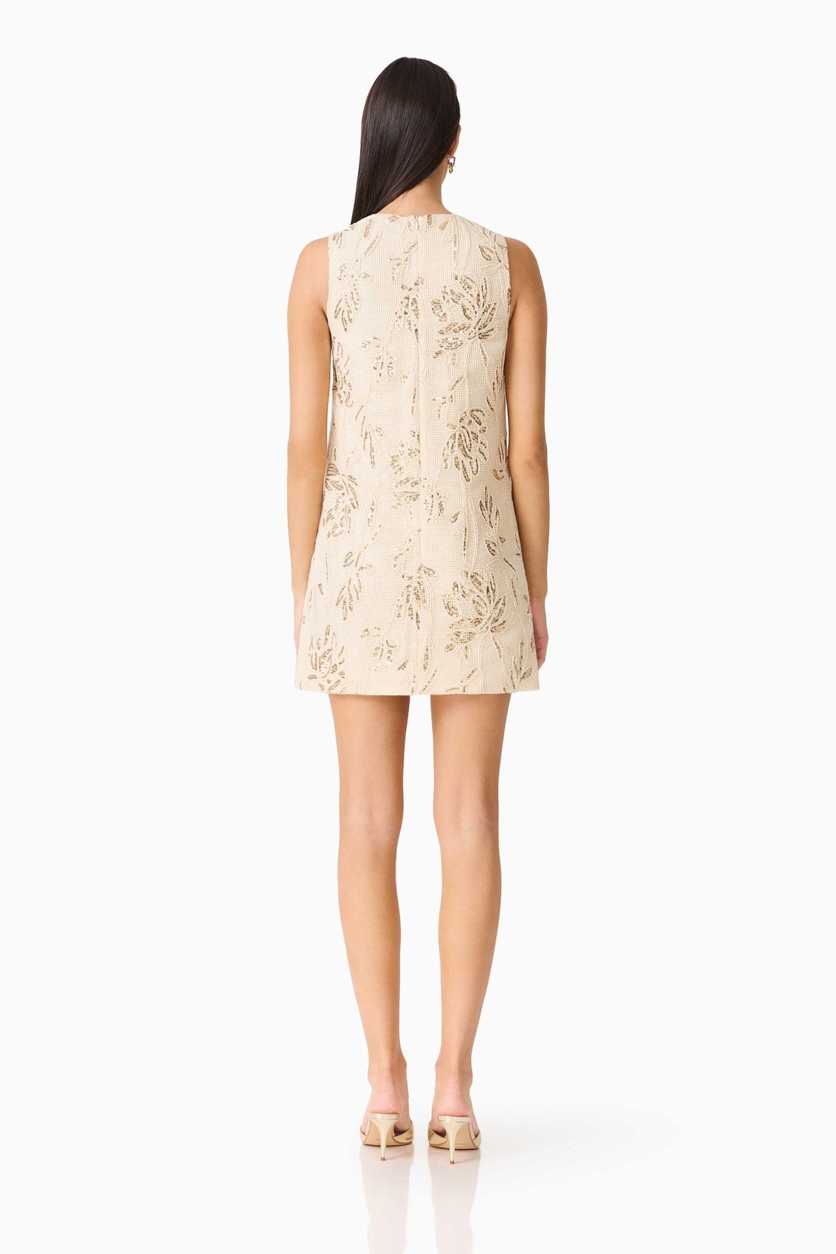 Meraki natural floral embroidered mini dress, back view