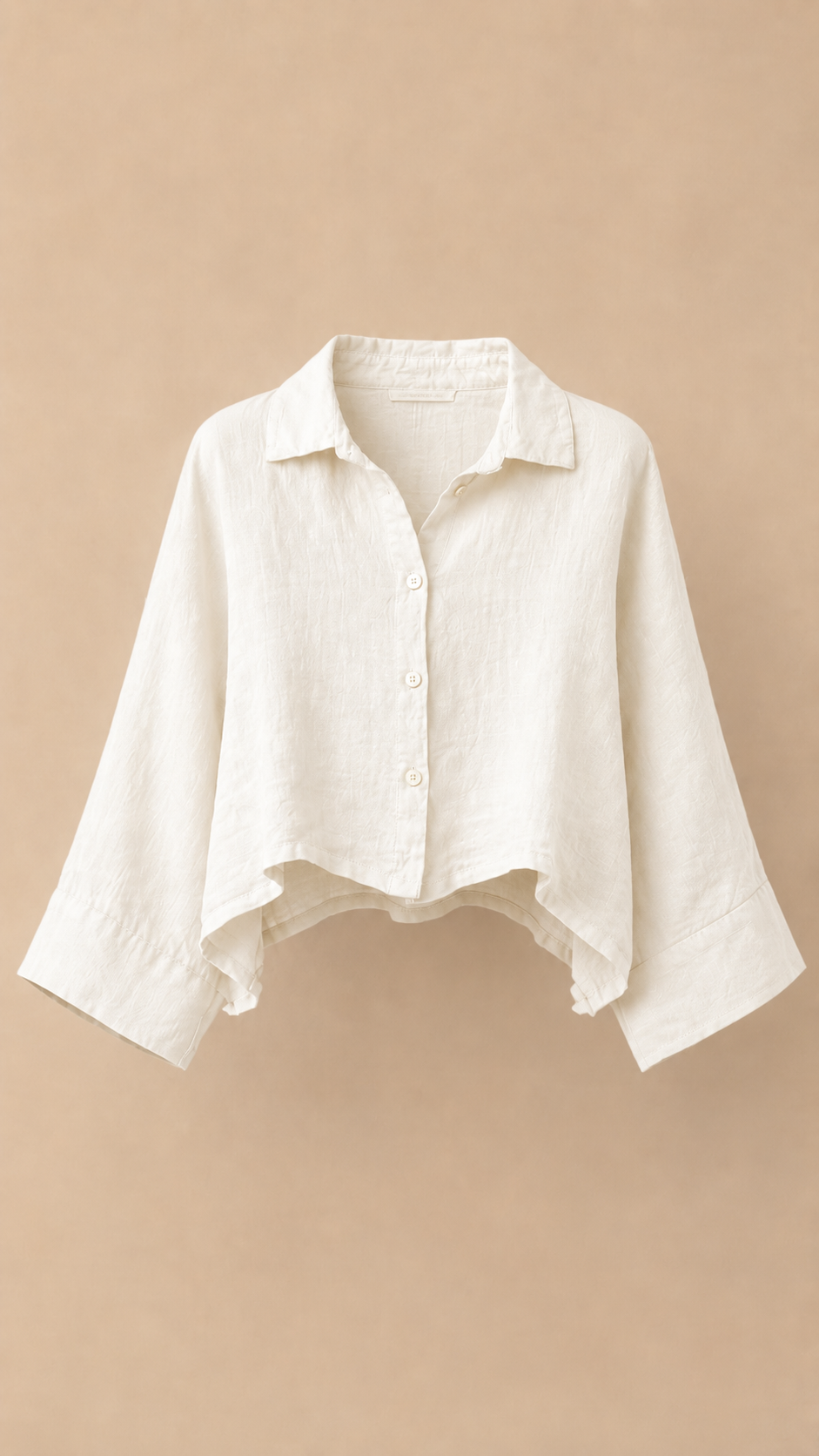 Cream linen cropped shirt with wide kimono sleeves, front view