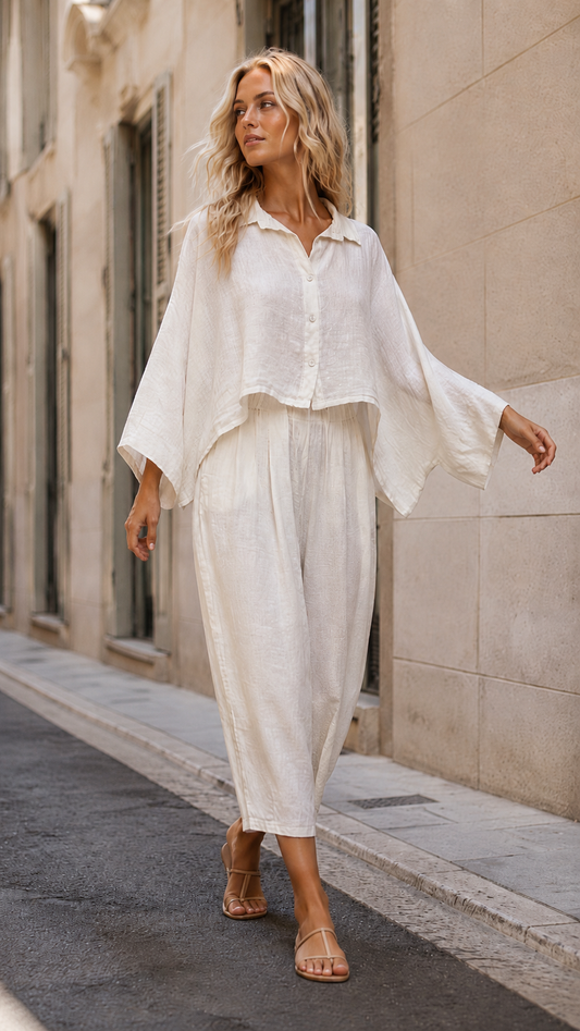 Model wearing the cream linen cropped shirt and wide leg trouser set