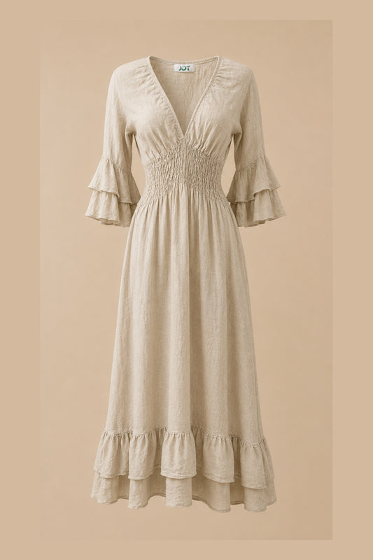 Ruffle Sleeve Smocked Linen Midi Dress