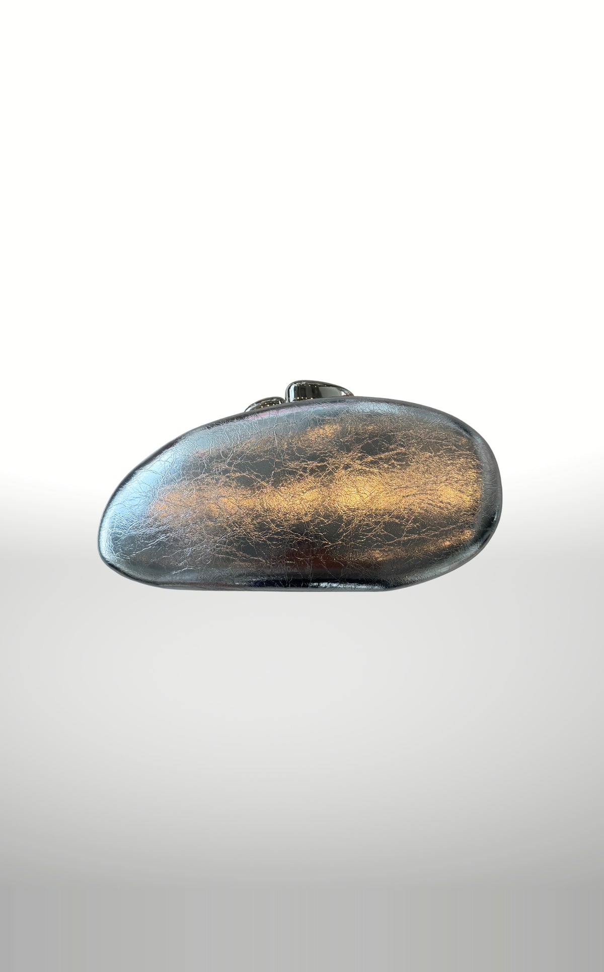 POSH Ateliers metallic oval clutch in silver with stone clasps