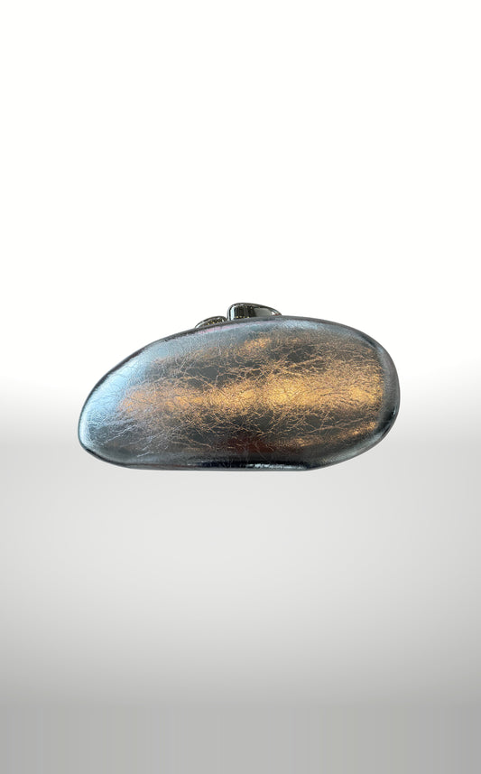 POSH Ateliers metallic oval clutch in silver with stone clasps