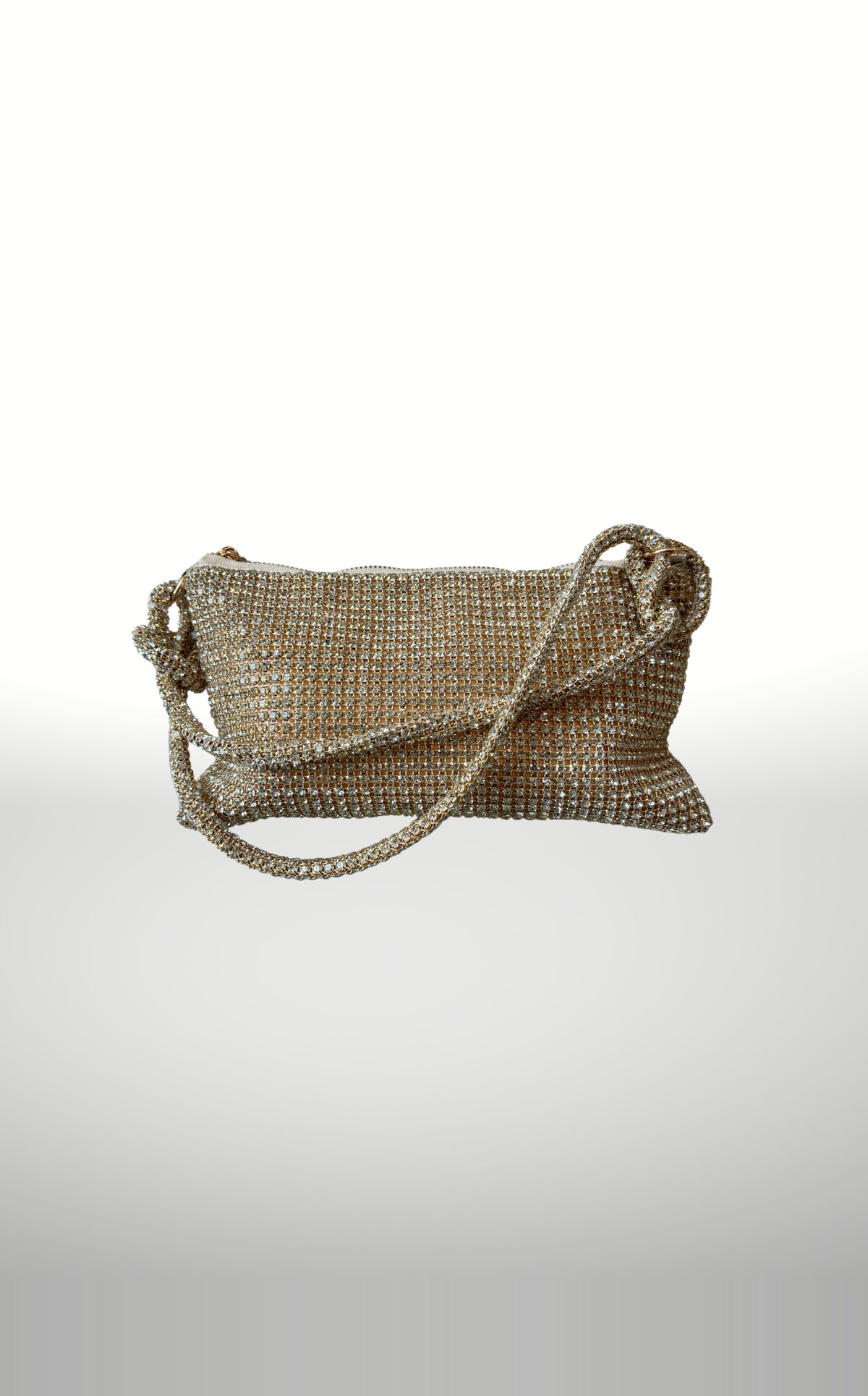 POSH Ateliers gold crystal mesh pouch with knotted crystal strap