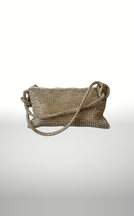 POSH Ateliers gold crystal mesh pouch with knotted crystal strap