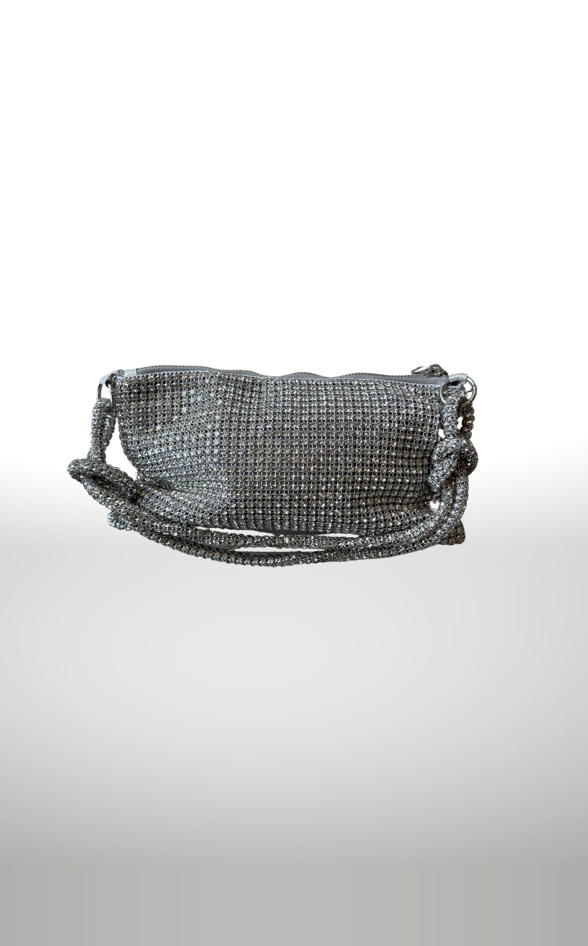 POSH Ateliers silver crystal mesh pouch with knotted crystal strap