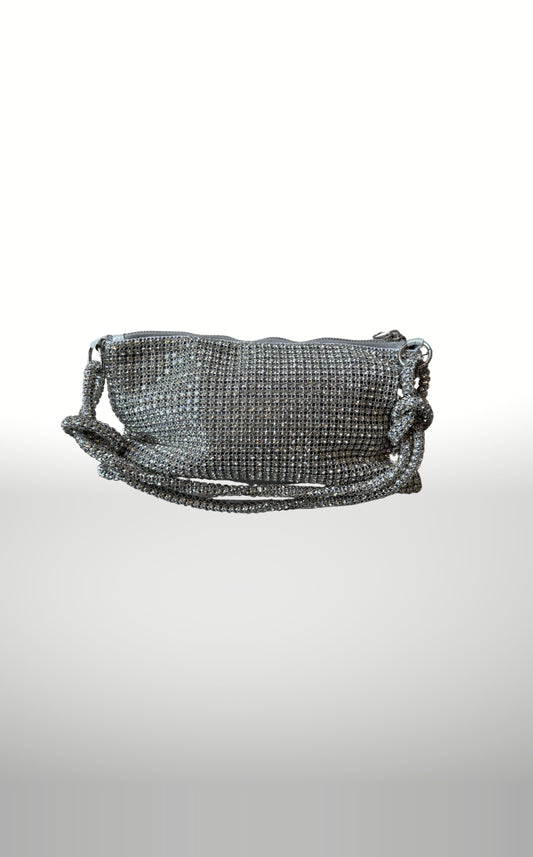 POSH Ateliers silver crystal mesh pouch with knotted crystal strap